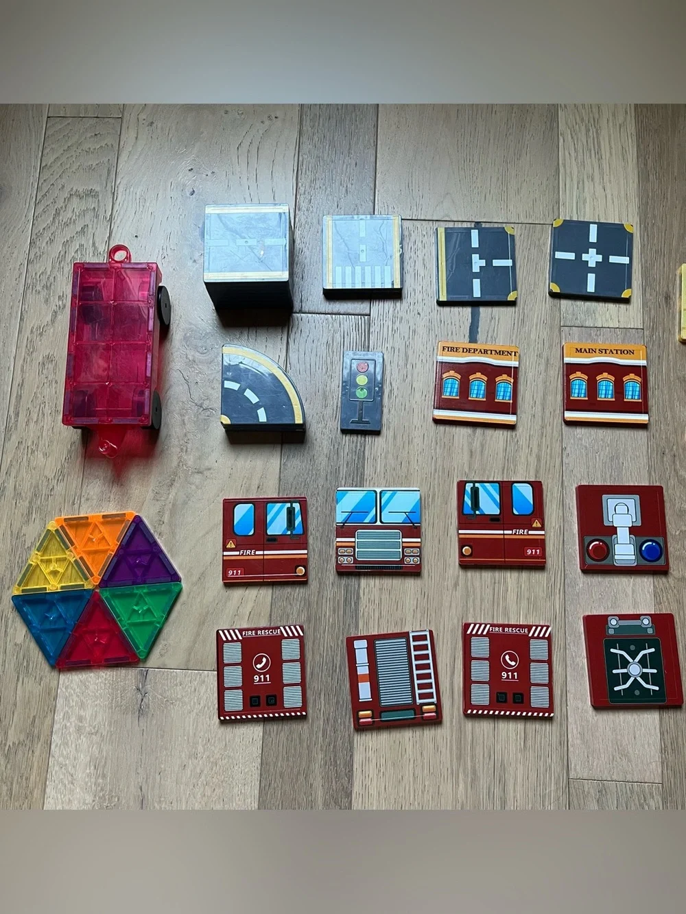 50 piece fire truck themed magnetic tile set